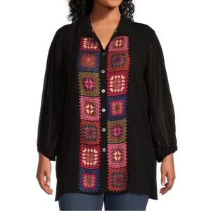 John Mark women’s Large granny square Embellished Button Down Shirt sheer